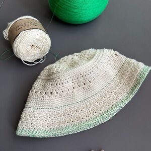 Handmade Crochet Bucket Hat Organic Cotton Cream and Green